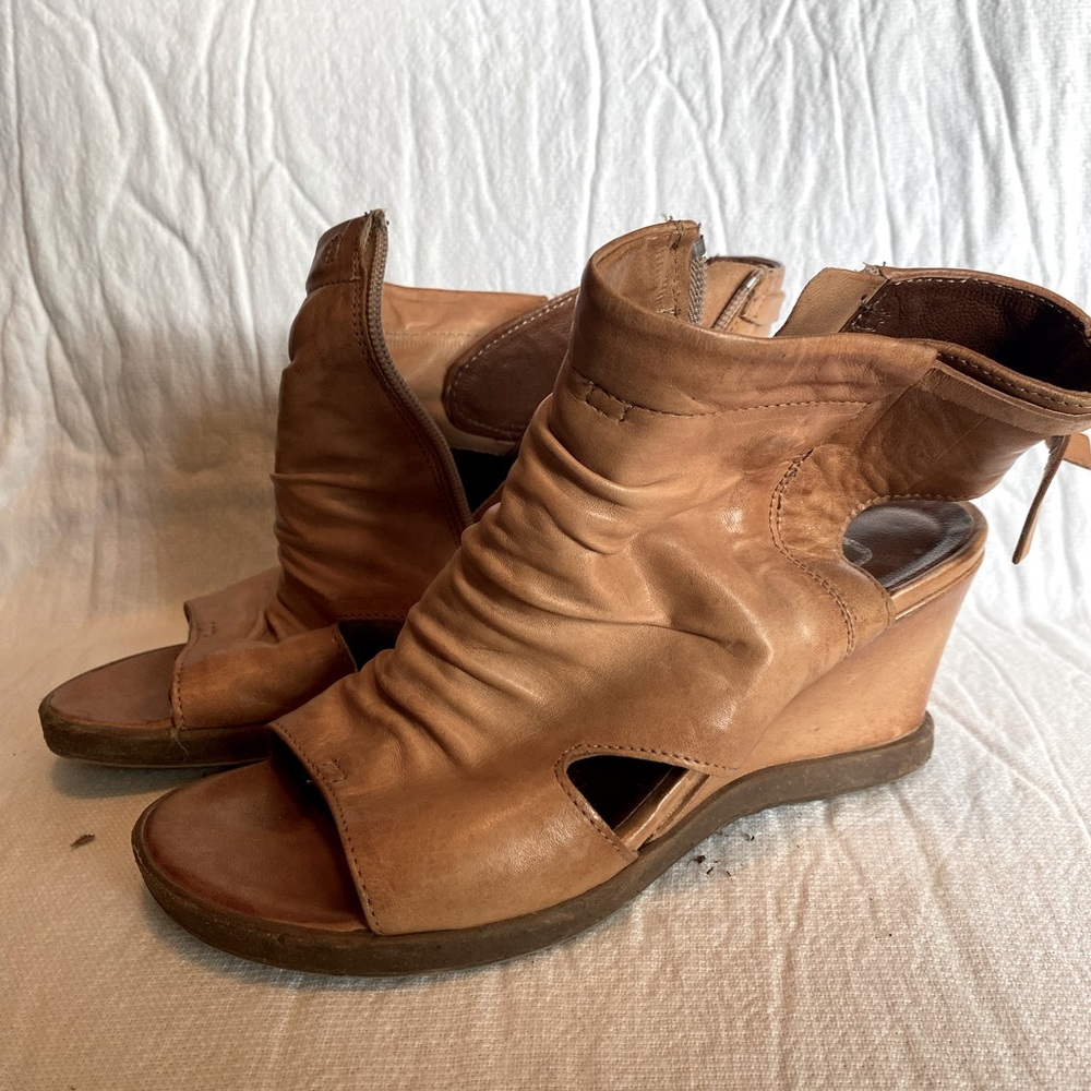 Mjus leather wedge open toe/heel booties